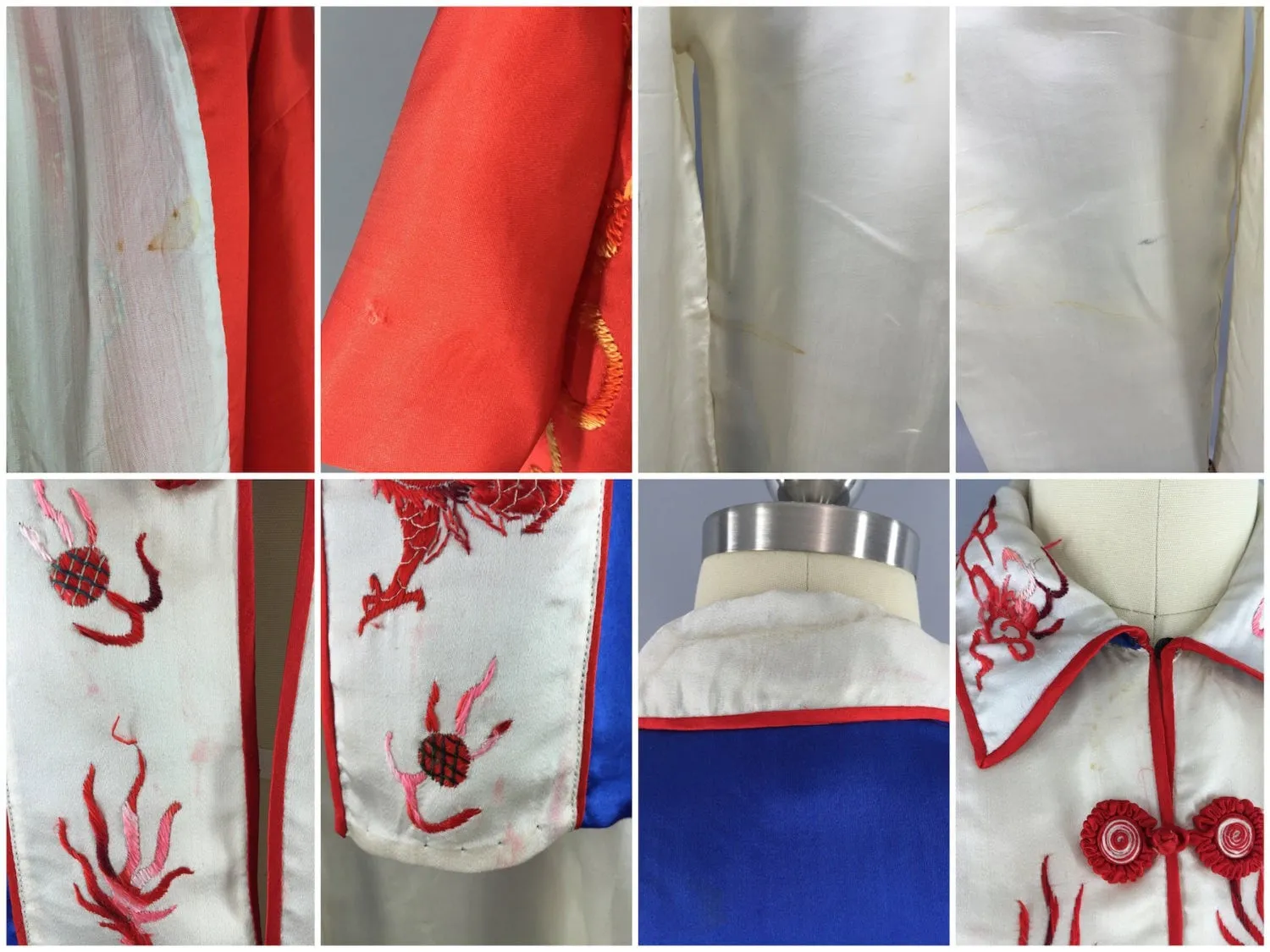 Vintage 1930s Silk Pajamas & Robe Set / Red White and Blue Dragons