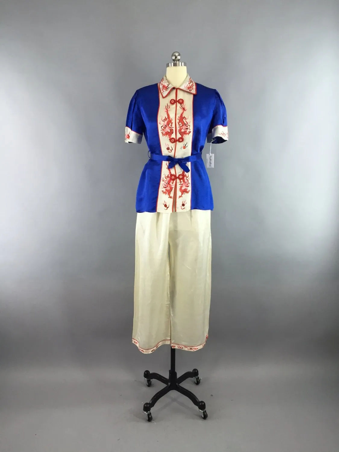 Vintage 1930s Silk Pajamas & Robe Set / Red White and Blue Dragons