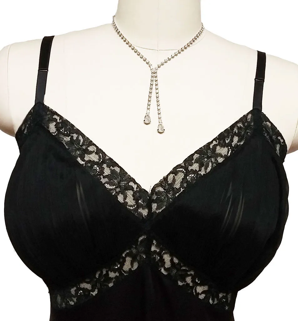 VINTAGE '50s / '60s VANITY FAIR SOPHISTICATED BLACK LACE PLEATED SLIP -HARD TO FIND LARGE SIZE