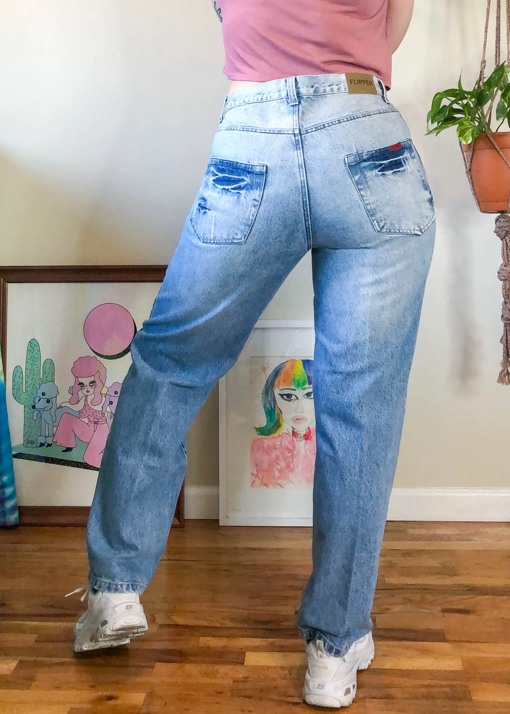 Vintage Light Wash Distressed & Sandblasted Mom Jeans - L/XL