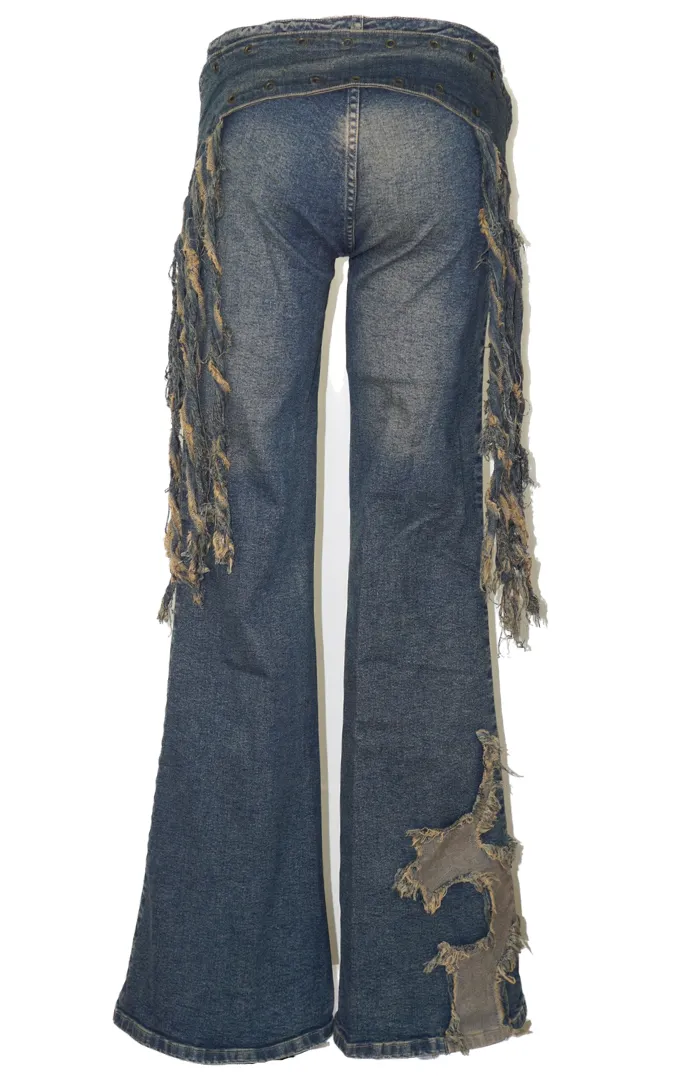 VINTAGE Y2K Flared Boot Cut Fringe Faded Jeans