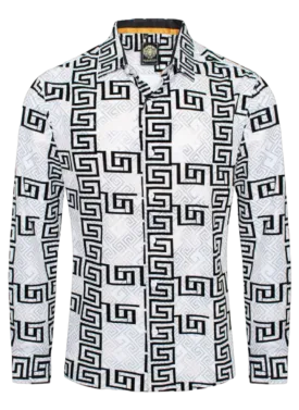 White and Black Men's Greek Key Design Long Sleeves Shirt Style No-1876