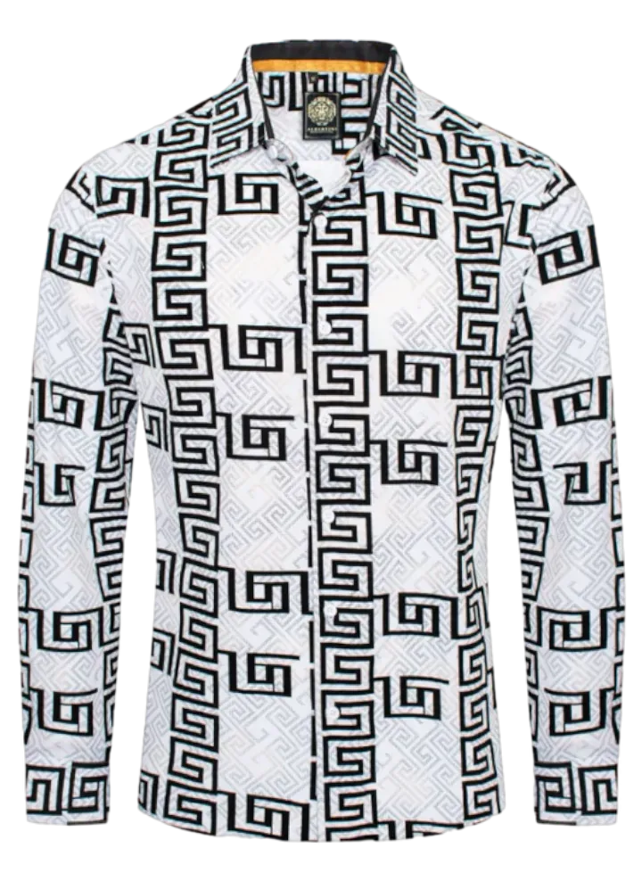 White and Black Men's Greek Key Design Long Sleeves Shirt Style No-1876