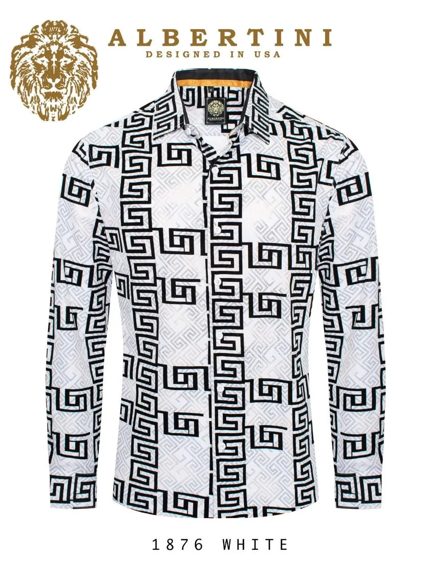 White and Black Men's Greek Key Design Long Sleeves Shirt Style No-1876