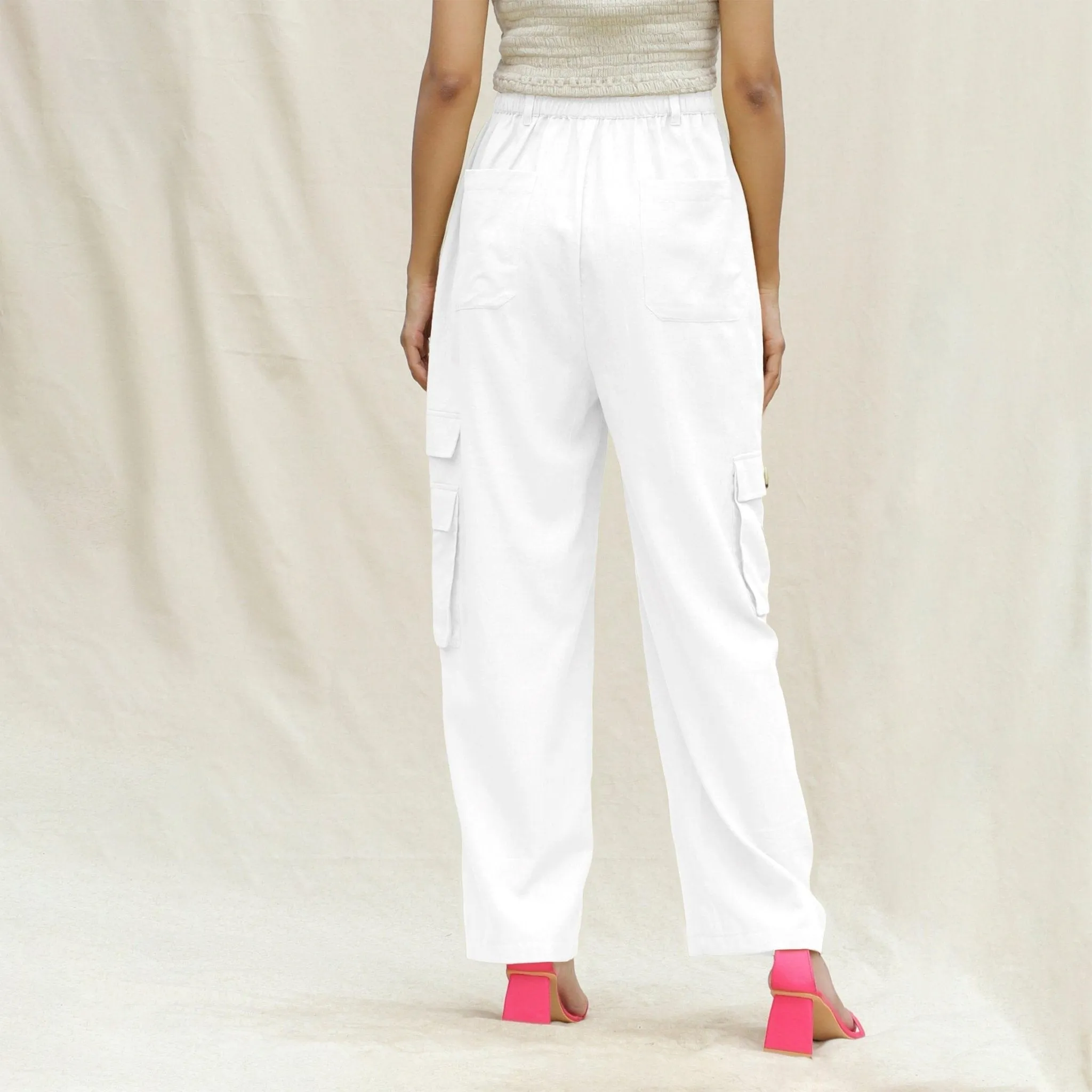 White Cotton Flax Elasticated High-Rise Cargo Pant