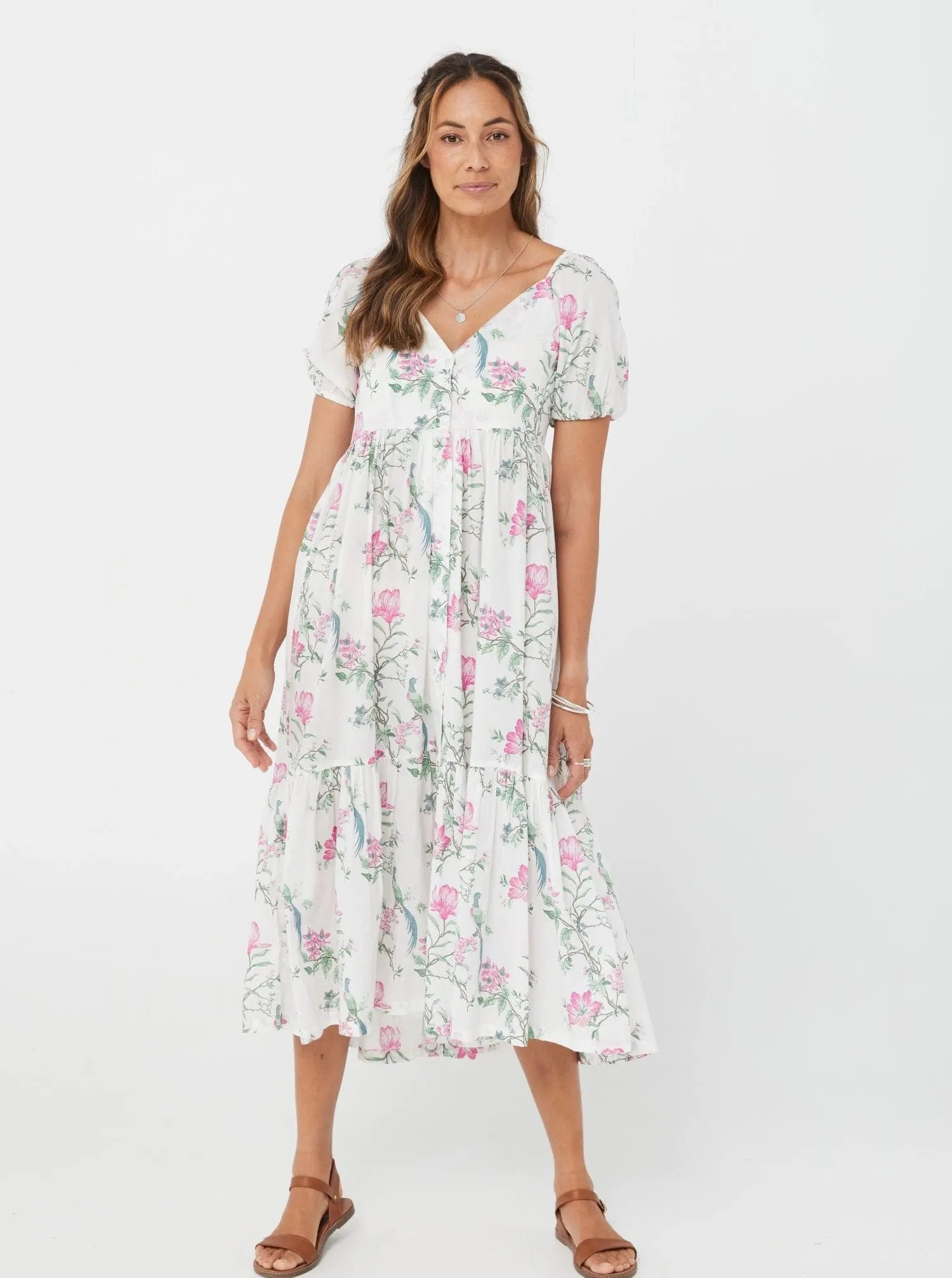 Woman Short Sleeves V neck Pink Floral Cotton Dress - Cecilia Dress