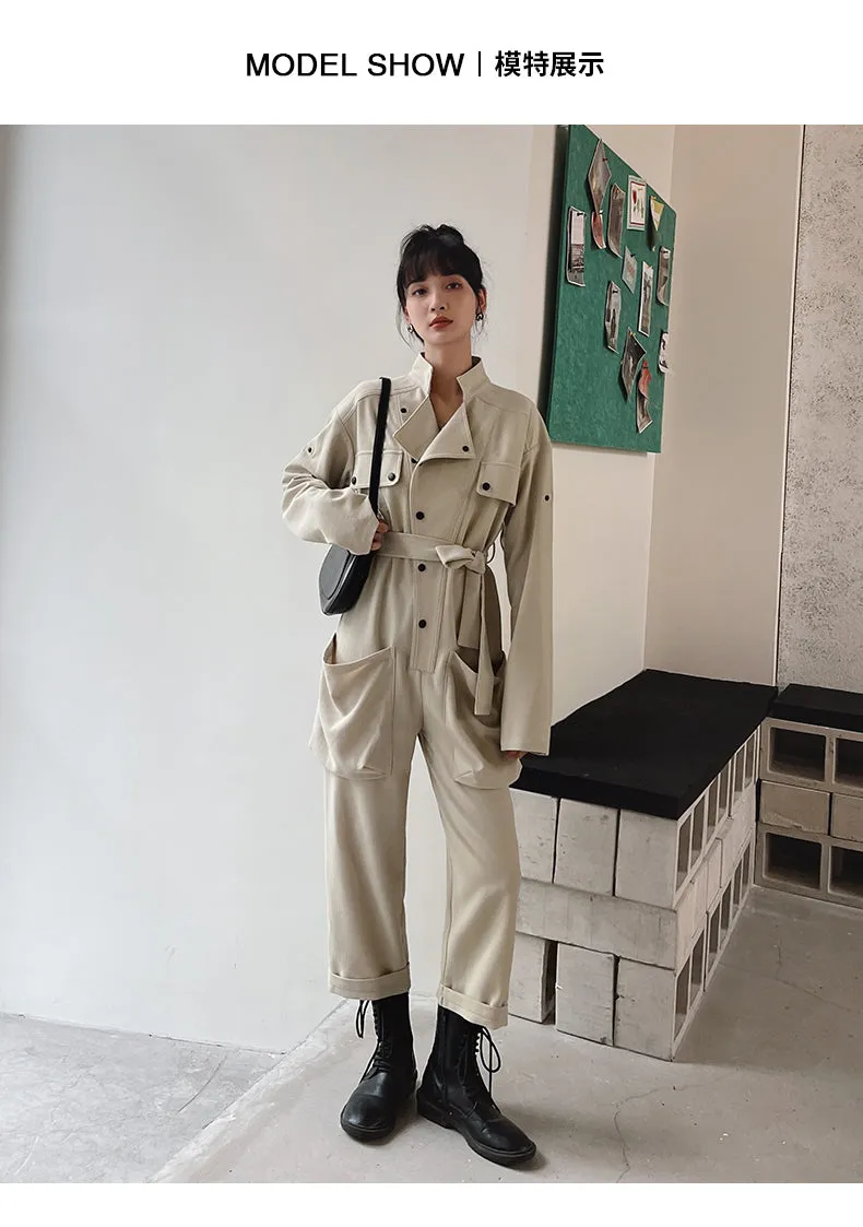 Xian Shu Fashion collar waist-skimming work jumpsuit female fall new temperament high waist straight nine-point jumpsuit tide